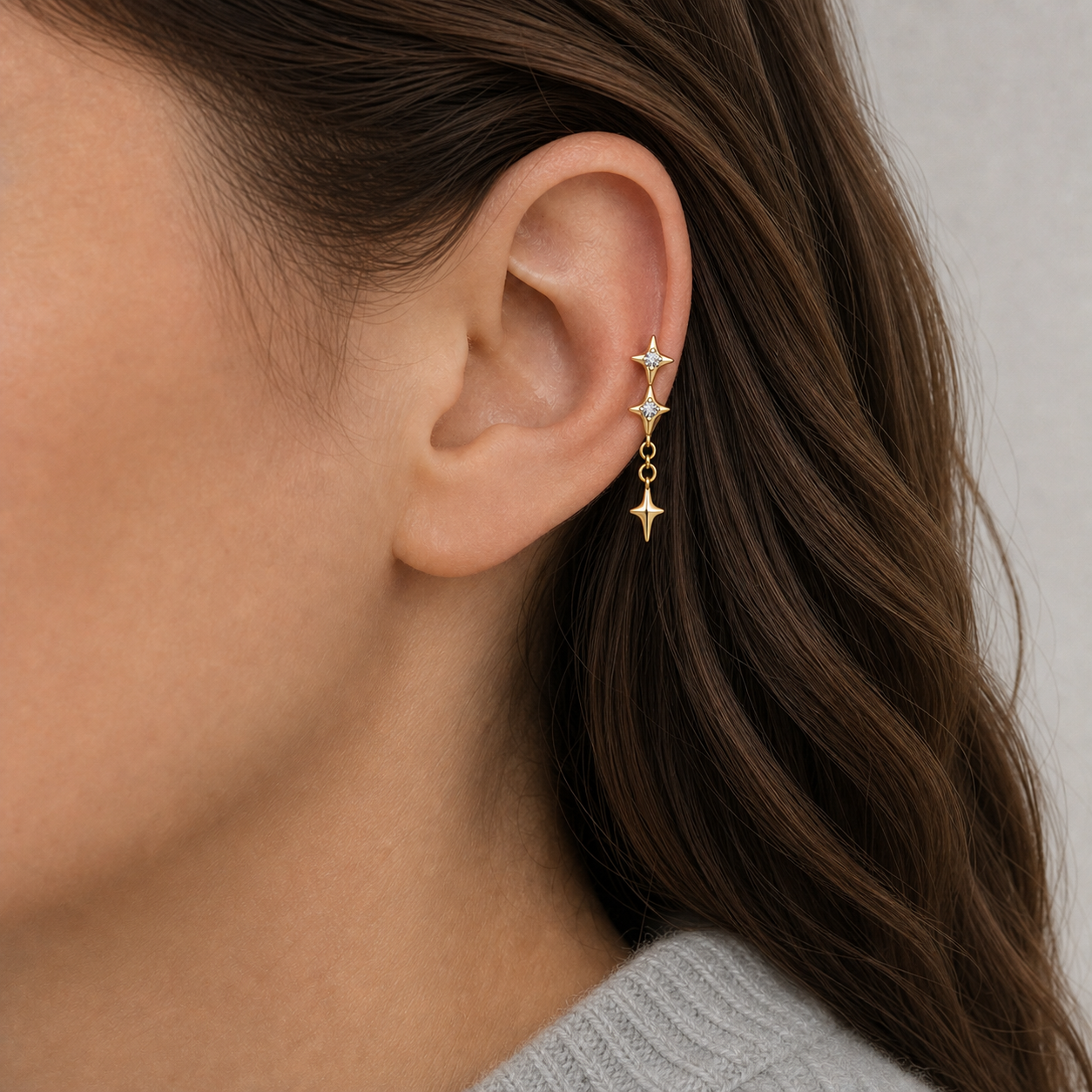 Clear CZ ASTM F136 Titanium Flat Back - Gold, Internally Threaded, 16G, 1.2 x 8+4 mm — wearing view one (P-FB-0077-G01)