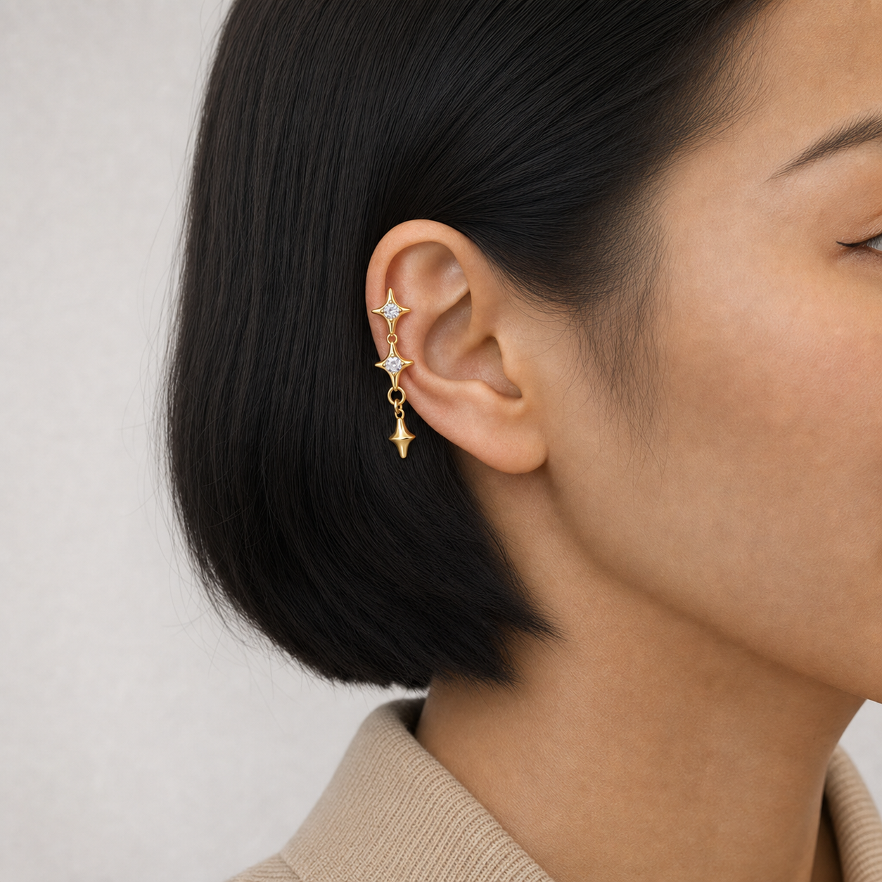 Clear CZ ASTM F136 Titanium Flat Back - Gold, Internally Threaded, 16G, 1.2 x 8+4 mm — wearing view three (P-FB-0077-G01)