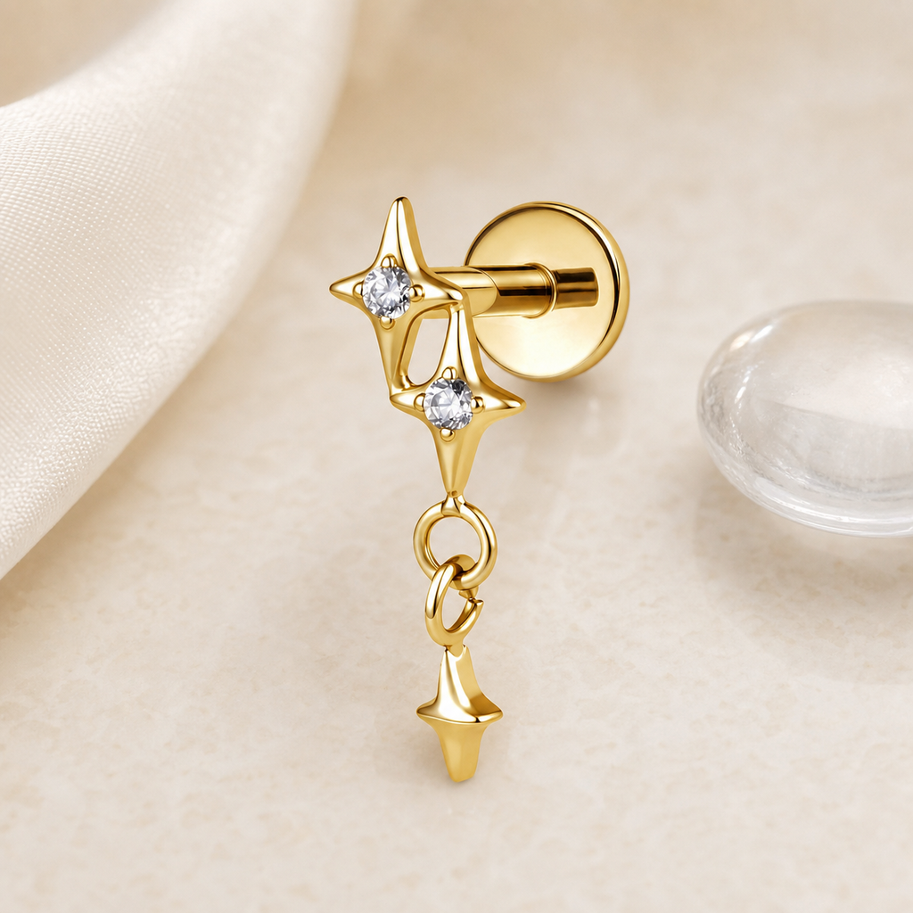 Clear CZ ASTM F136 Titanium Flat Back - Gold, Internally Threaded, 16G, 1.2 x 8+4 mm — styled flat lay (P-FB-0077-G01)