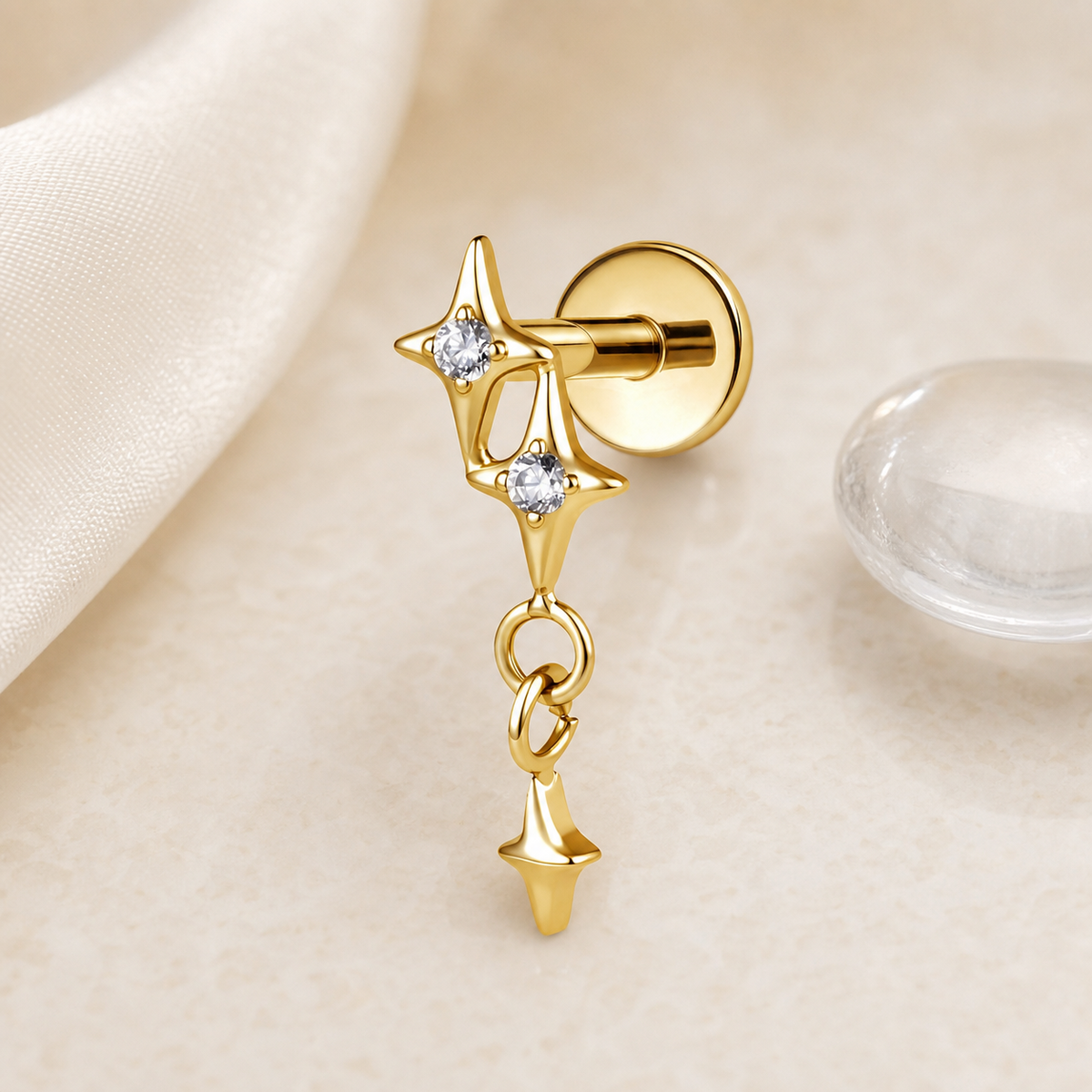 Clear CZ ASTM F136 Titanium Flat Back - Gold, Internally Threaded, 16G, 1.2 x 8+4 mm — styled flat lay (P-FB-0077-G01)