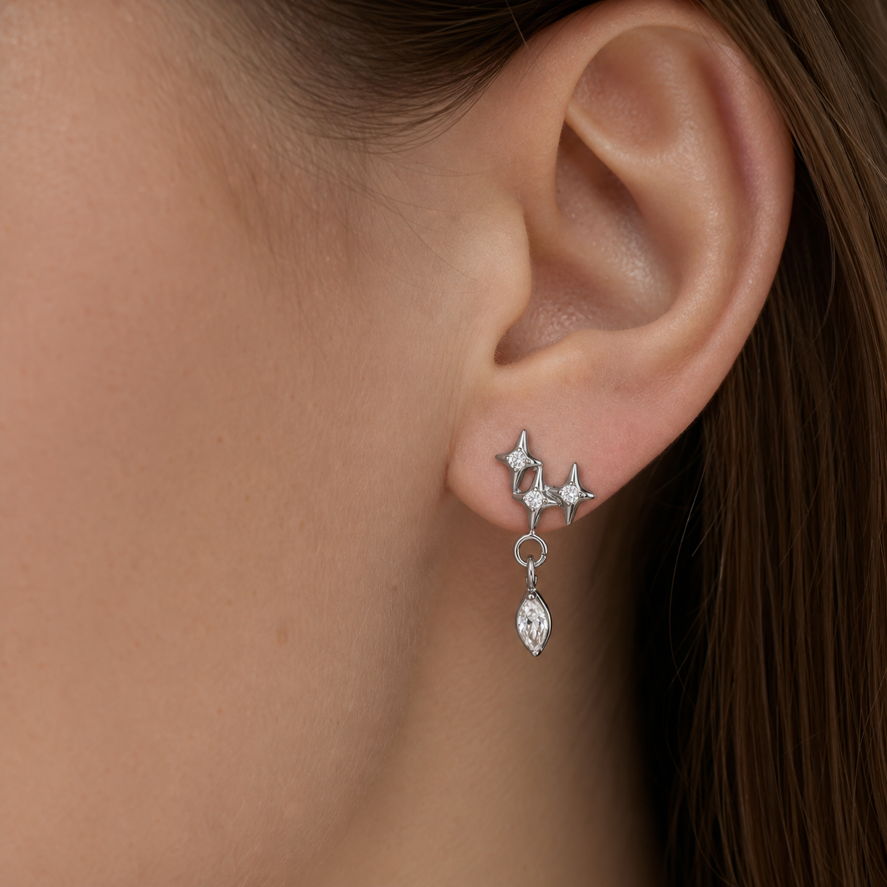 Clear CZ ASTM F136 Titanium Flat Back - Silver, Internally Threaded, 16G, 1.2 x 8+4 mm — wearing view four (P-FB-0078-S01)