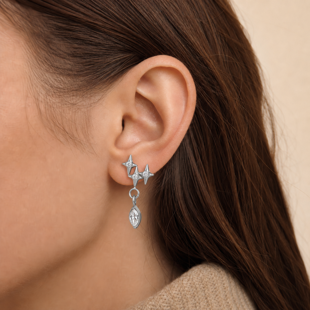 Clear CZ ASTM F136 Titanium Flat Back - Silver, Internally Threaded, 16G, 1.2 x 8+4 mm — wearing view one (P-FB-0078-S01)