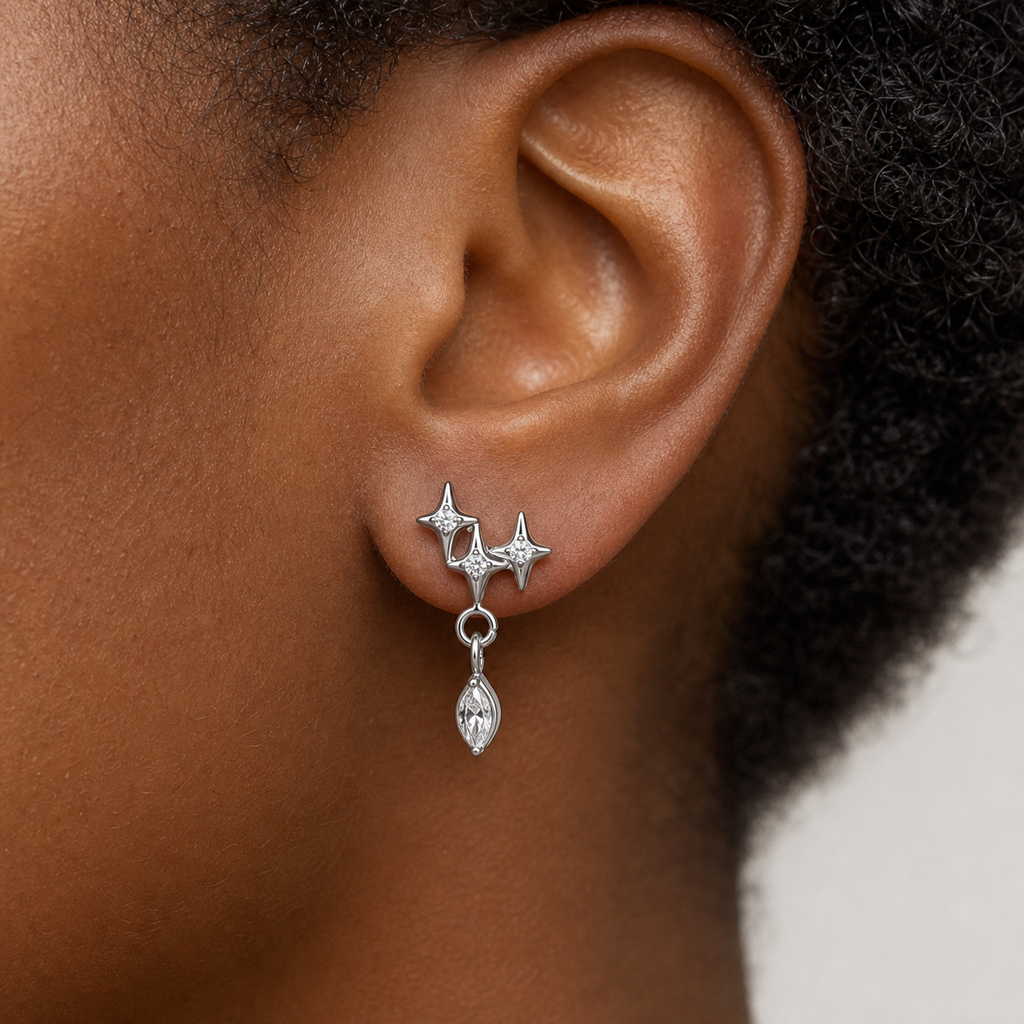 Clear CZ ASTM F136 Titanium Flat Back - Silver, Internally Threaded, 16G, 1.2 x 8+4 mm — wearing view two (P-FB-0078-S01)