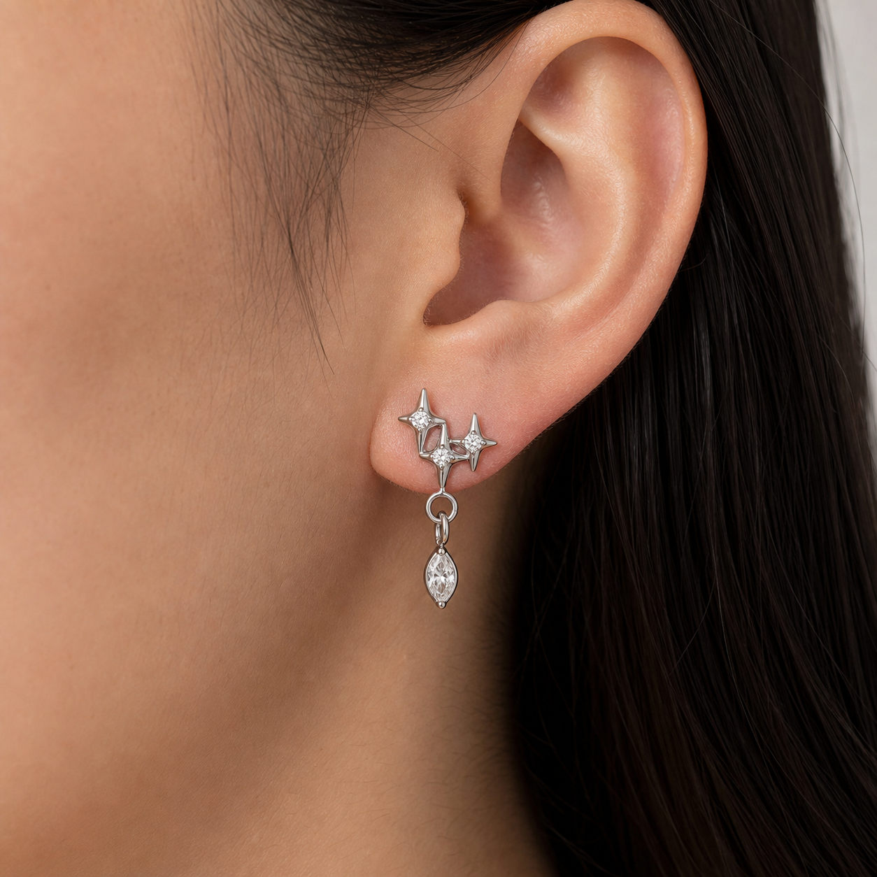 Clear CZ ASTM F136 Titanium Flat Back - Silver, Internally Threaded, 16G, 1.2 x 8+4 mm — wearing view three (P-FB-0078-S01)