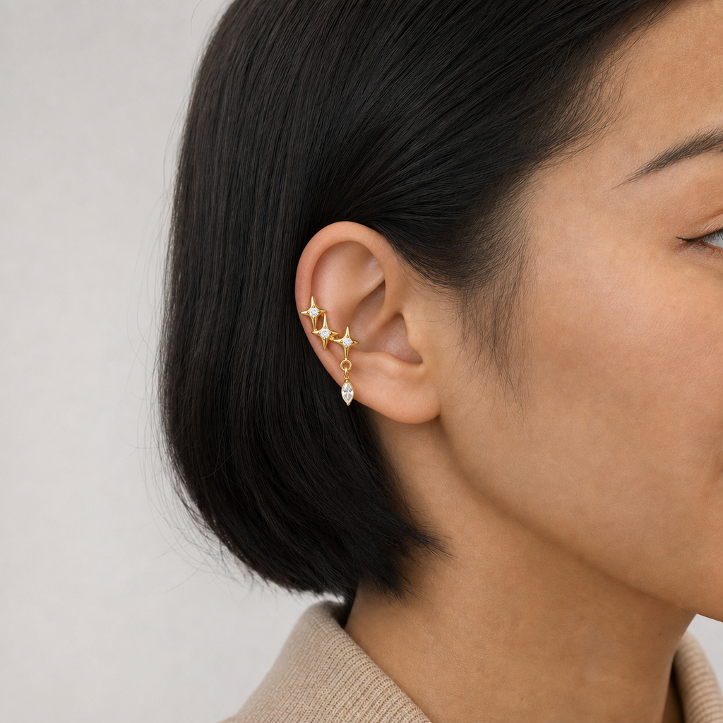 Clear CZ ASTM F136 Titanium Flat Back - Gold, Internally Threaded, 16G, 1.2 x 8+4 mm — wearing view four (P-FB-0079-G01)