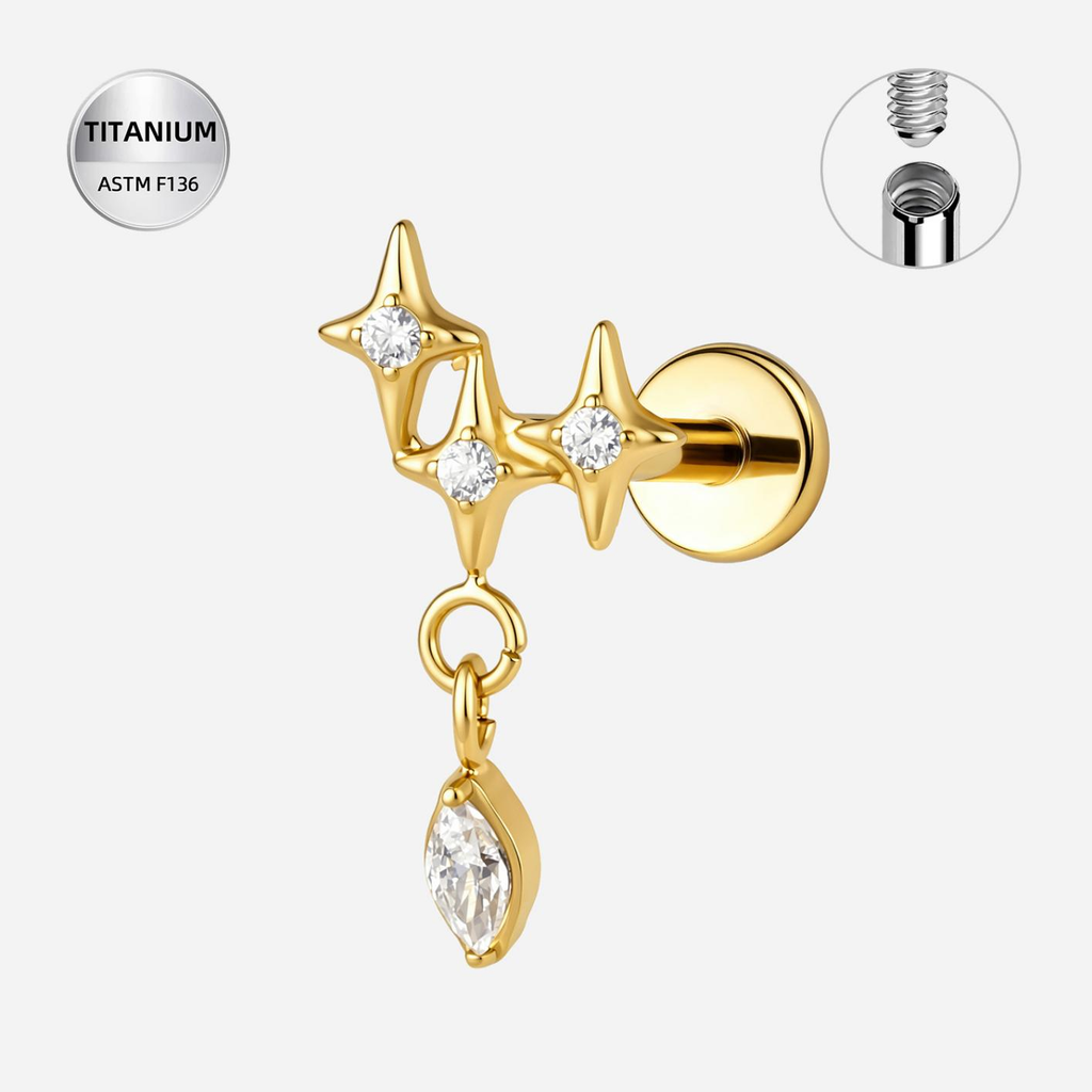Clear CZ ASTM F136 Titanium Flat Back - Gold, Internally Threaded, 16G, 1.2 x 8+4 mm — product detail views (P-FB-0079-G01)