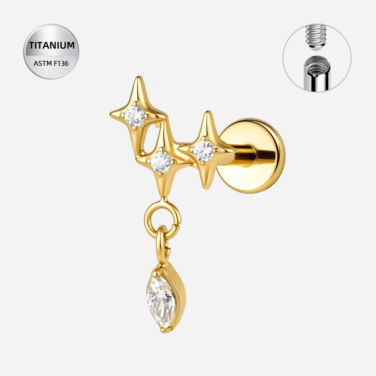 Clear CZ ASTM F136 Titanium Flat Back - Gold, Internally Threaded, 16G, 1.2 x 8+4 mm — product detail views (P-FB-0079-G01)