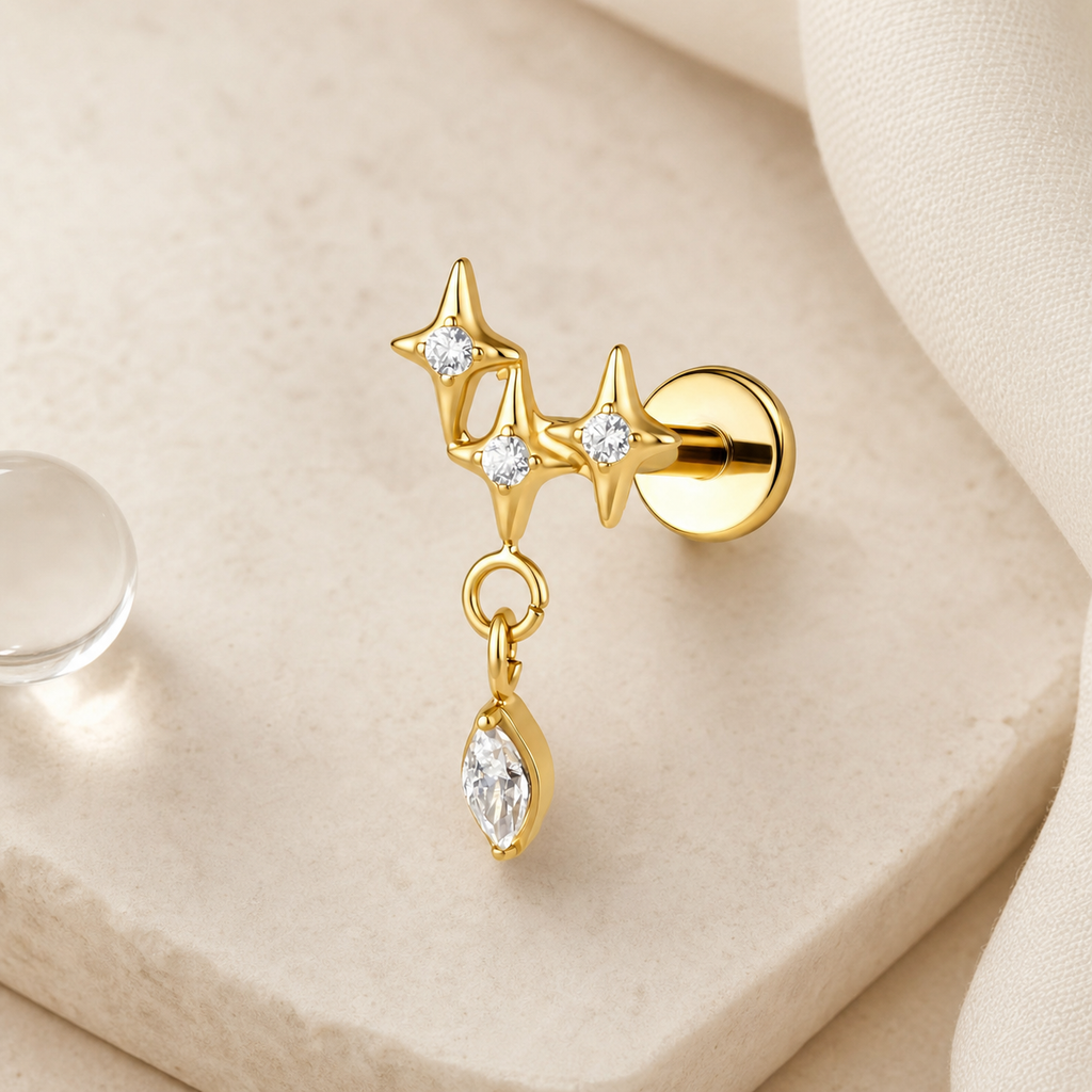 Clear CZ ASTM F136 Titanium Flat Back - Gold, Internally Threaded, 16G, 1.2 x 8+4 mm — styled flat lay (P-FB-0079-G01)