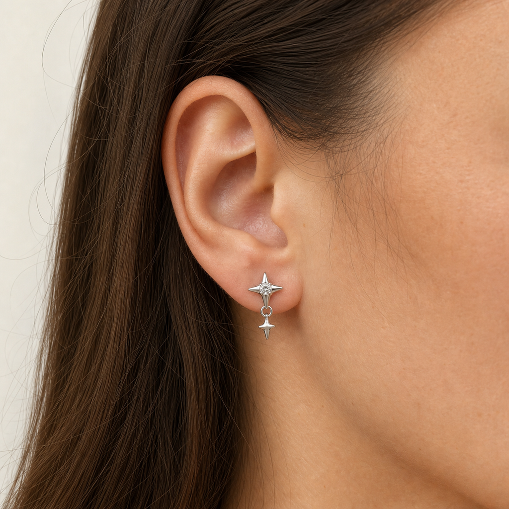 Clear CZ ASTM F136 Titanium Flat Back - Silver, Internally Threaded, 16G, 1.2 x 8+4 mm — wearing view one (P-FB-0080-S01)