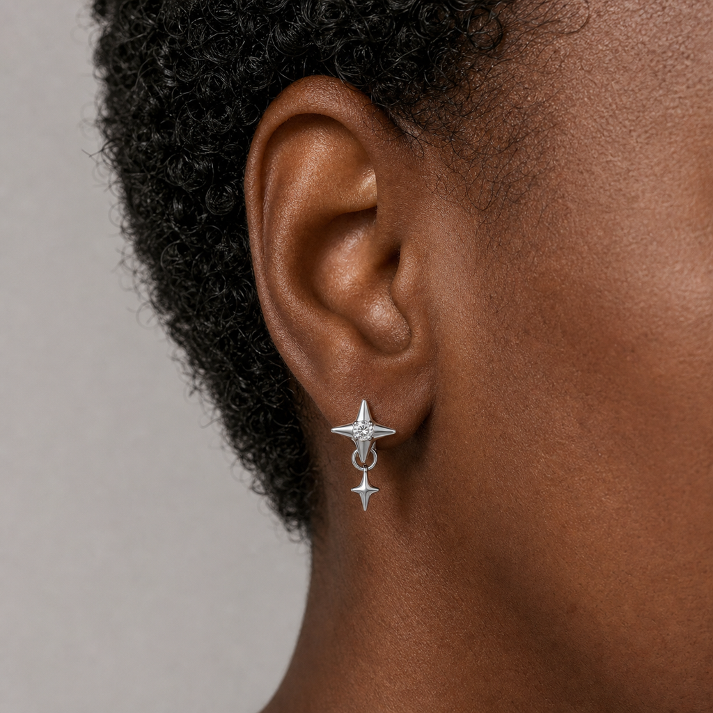 Clear CZ ASTM F136 Titanium Flat Back - Silver, Internally Threaded, 16G, 1.2 x 8+4 mm — wearing view two (P-FB-0080-S01)