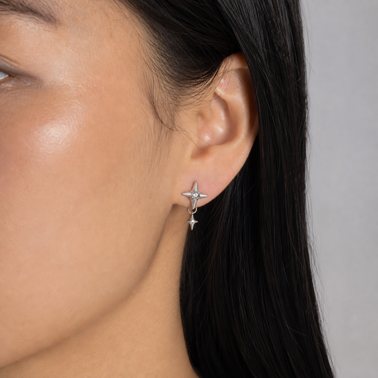 Clear CZ ASTM F136 Titanium Flat Back - Silver, Internally Threaded, 16G, 1.2 x 8+4 mm — wearing view three (P-FB-0080-S01)