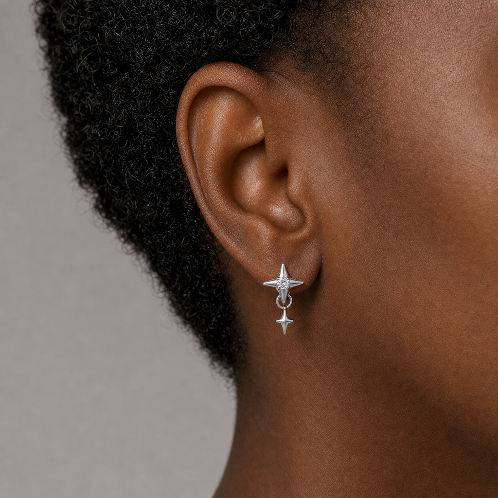 Clear CZ ASTM F136 Titanium Flat Back - Silver, Internally Threaded, 16G, 1.2 x 8+4 mm — wearing view five (P-FB-0080-S01)