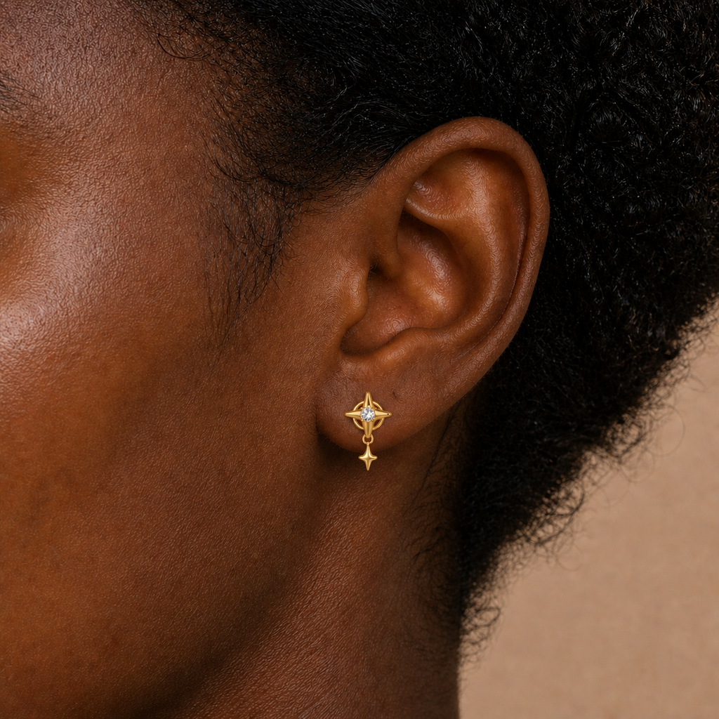 Clear CZ ASTM F136 Titanium Flat Back - Gold, Internally Threaded, 16G, 1.2 x 8+4 mm — wearing view three (P-FB-0081-G01)