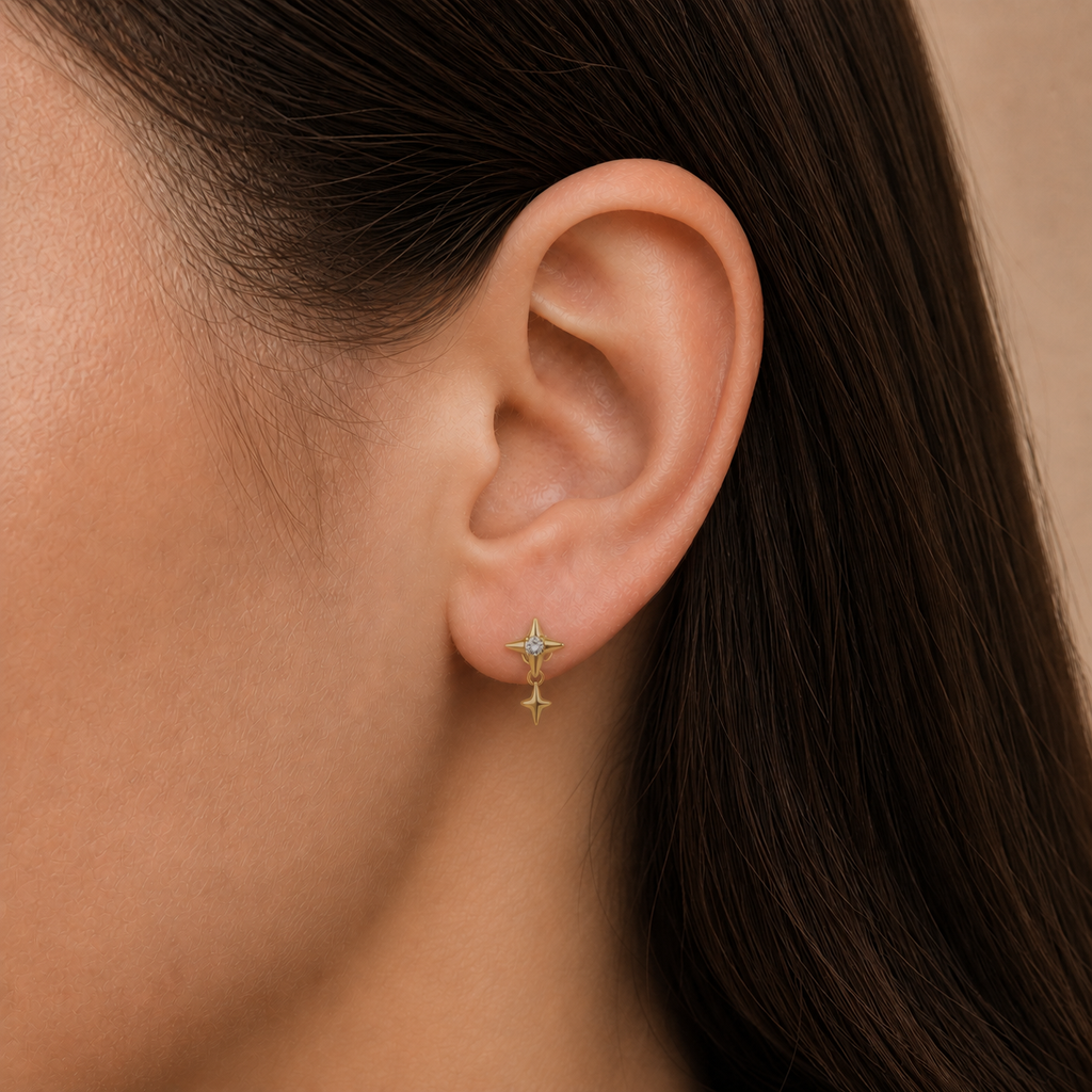 Clear CZ ASTM F136 Titanium Flat Back - Gold, Internally Threaded, 16G, 1.2 x 8+4 mm — wearing view four (P-FB-0081-G01)