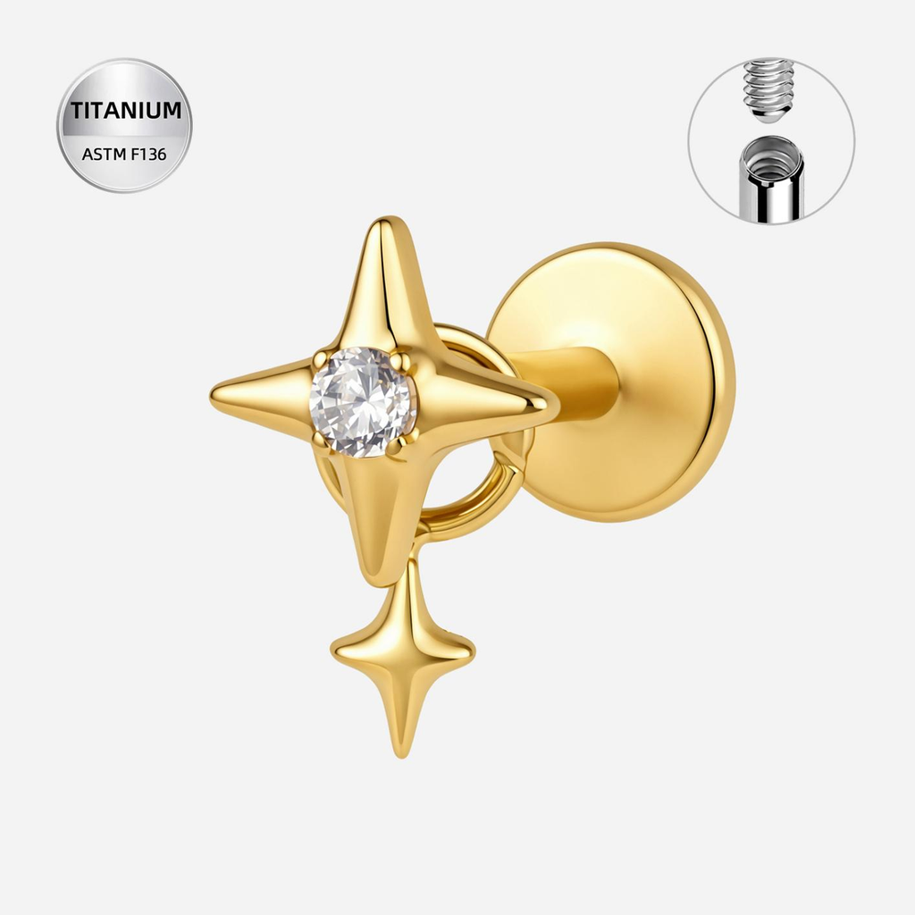 Clear CZ ASTM F136 Titanium Flat Back - Gold, Internally Threaded, 16G, 1.2 x 8+4 mm — product detail views (P-FB-0081-G01)