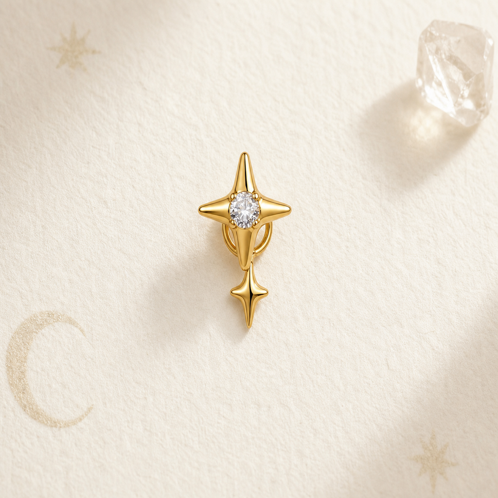 Clear CZ ASTM F136 Titanium Flat Back - Gold, Internally Threaded, 16G, 1.2 x 8+4 mm — styled flat lay (P-FB-0081-G01)