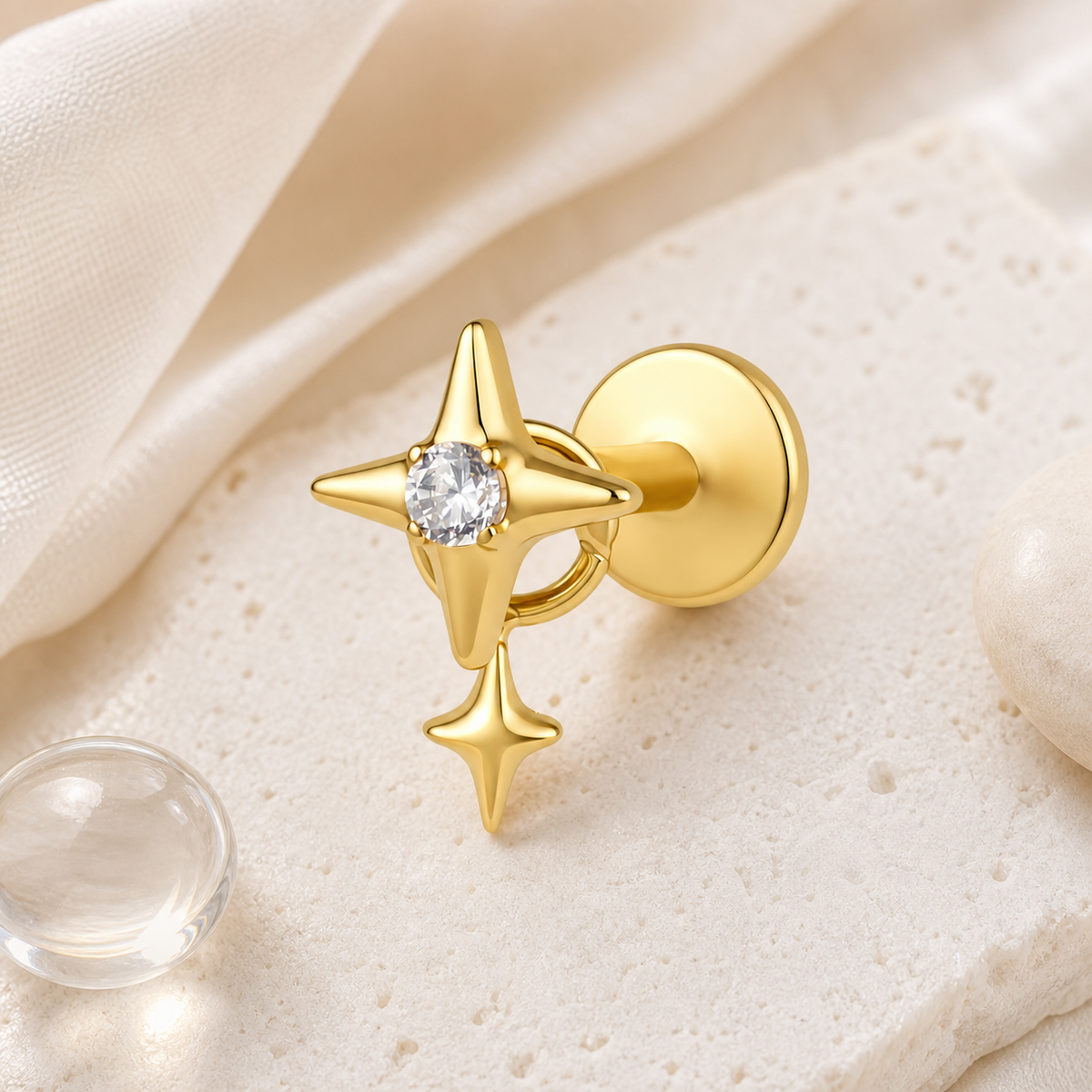 Clear CZ ASTM F136 Titanium Flat Back - Gold, Internally Threaded, 16G, 1.2 x 8+4 mm — styled flat lay (P-FB-0081-G01)