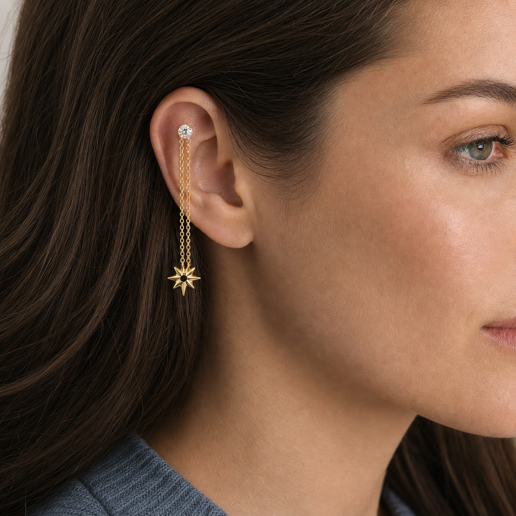 Clear CZ ASTM F136 Titanium Flat Back - Gold, Internally Threaded, 16G, 1.2 x 8+4 mm — wearing view one (P-FB-0083-G01)
