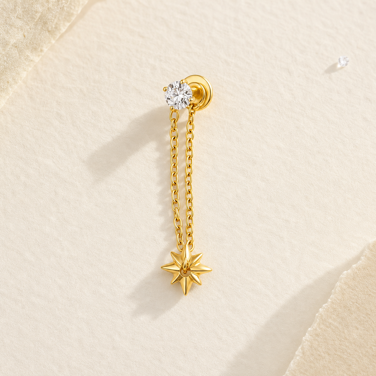 Clear CZ ASTM F136 Titanium Flat Back - Gold, Internally Threaded, 16G, 1.2 x 8+4 mm — styled flat lay (P-FB-0083-G01)