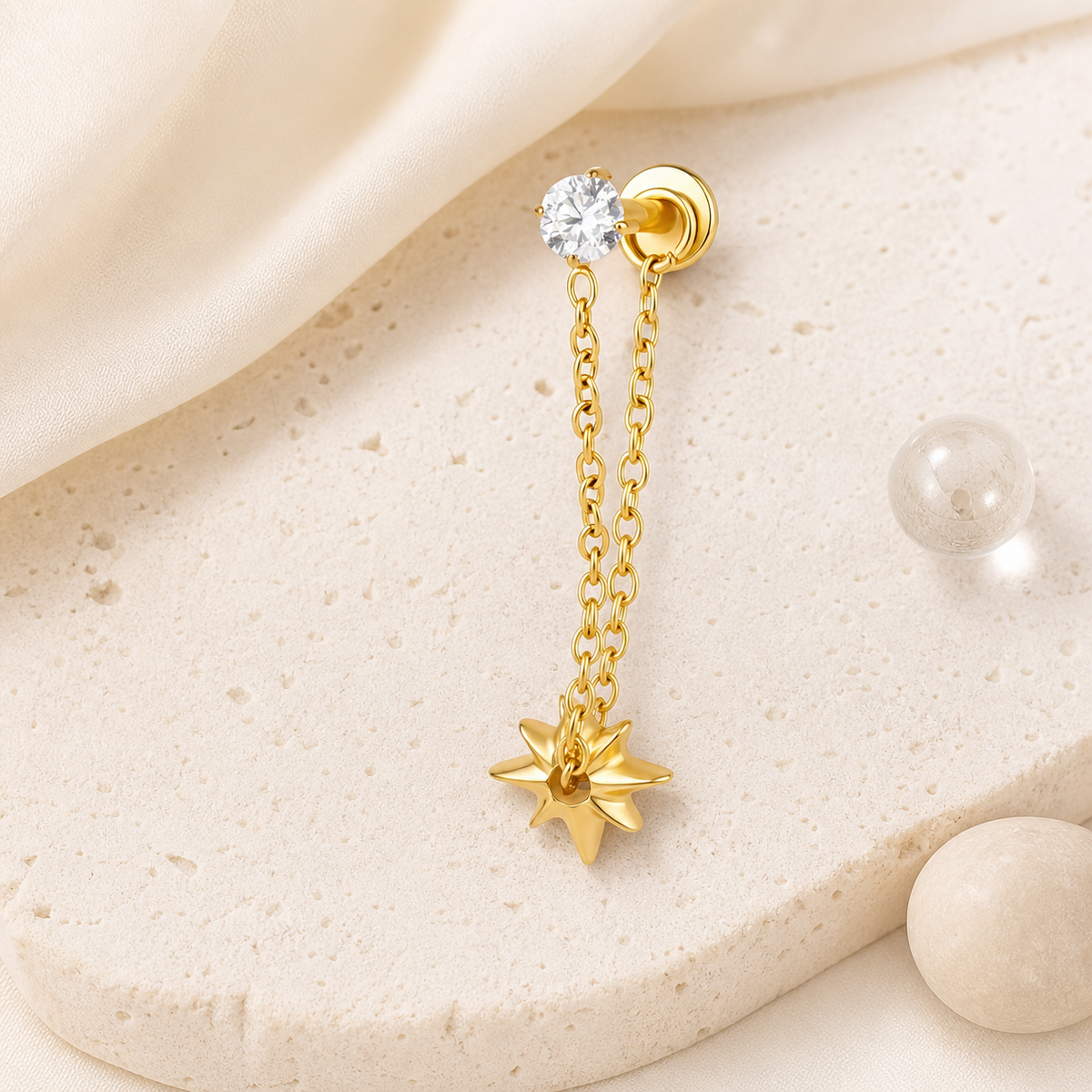 Clear CZ ASTM F136 Titanium Flat Back - Gold, Internally Threaded, 16G, 1.2 x 8+4 mm — styled flat lay (P-FB-0083-G01)