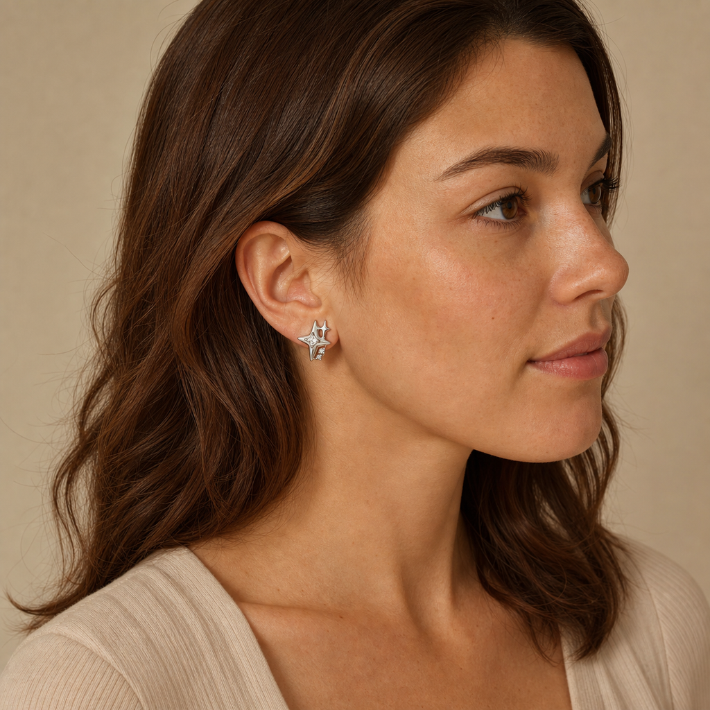 Clear CZ ASTM F136 Titanium Flat Back - Silver, Threadless, 18G, 1.0 x 6+4 mm — wearing view four (P-FB-0084-S01)