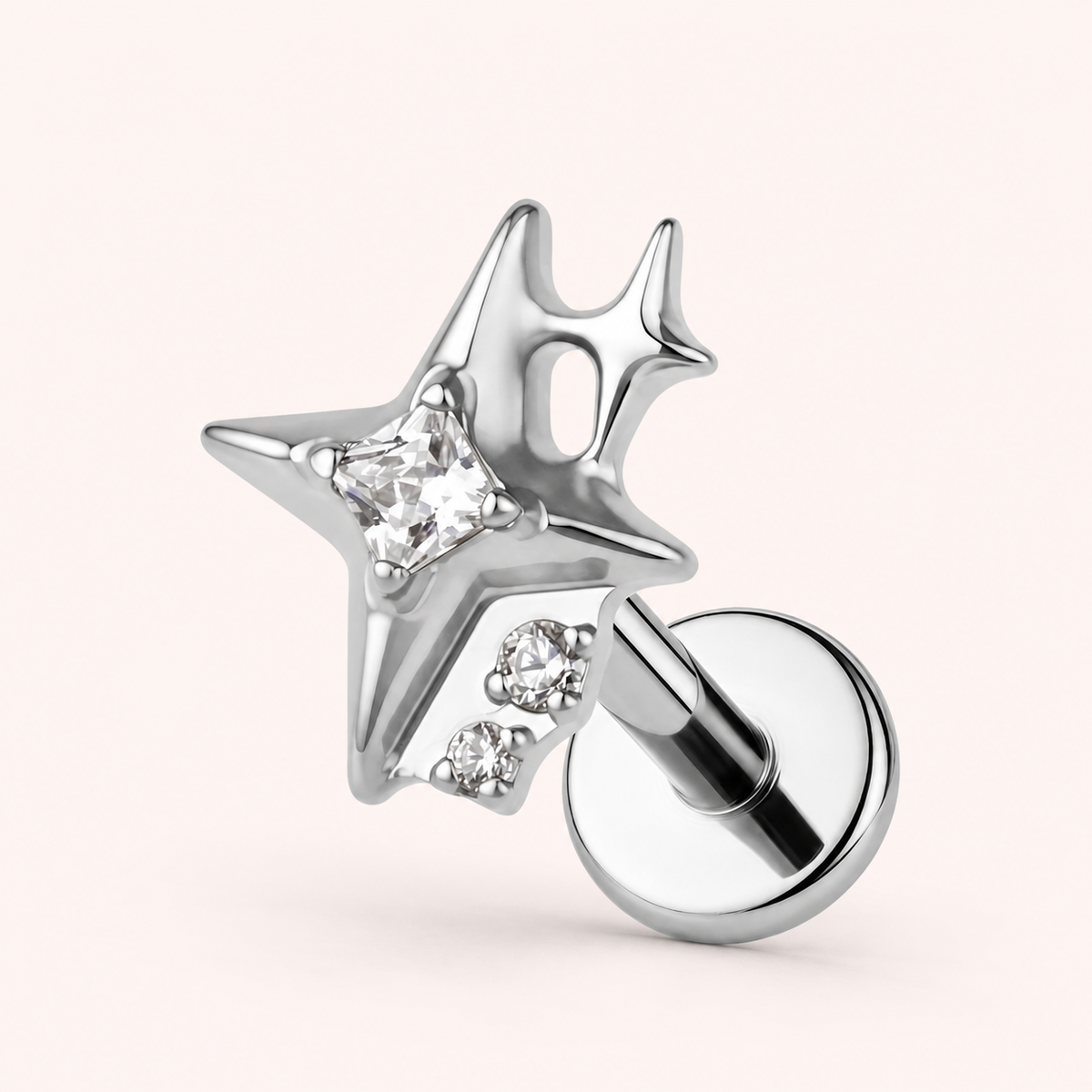 Clear CZ ASTM F136 Titanium Flat Back - Silver, Threadless, 18G, 1.0 x 6+4 mm — primary product image (P-FB-0084-S01)