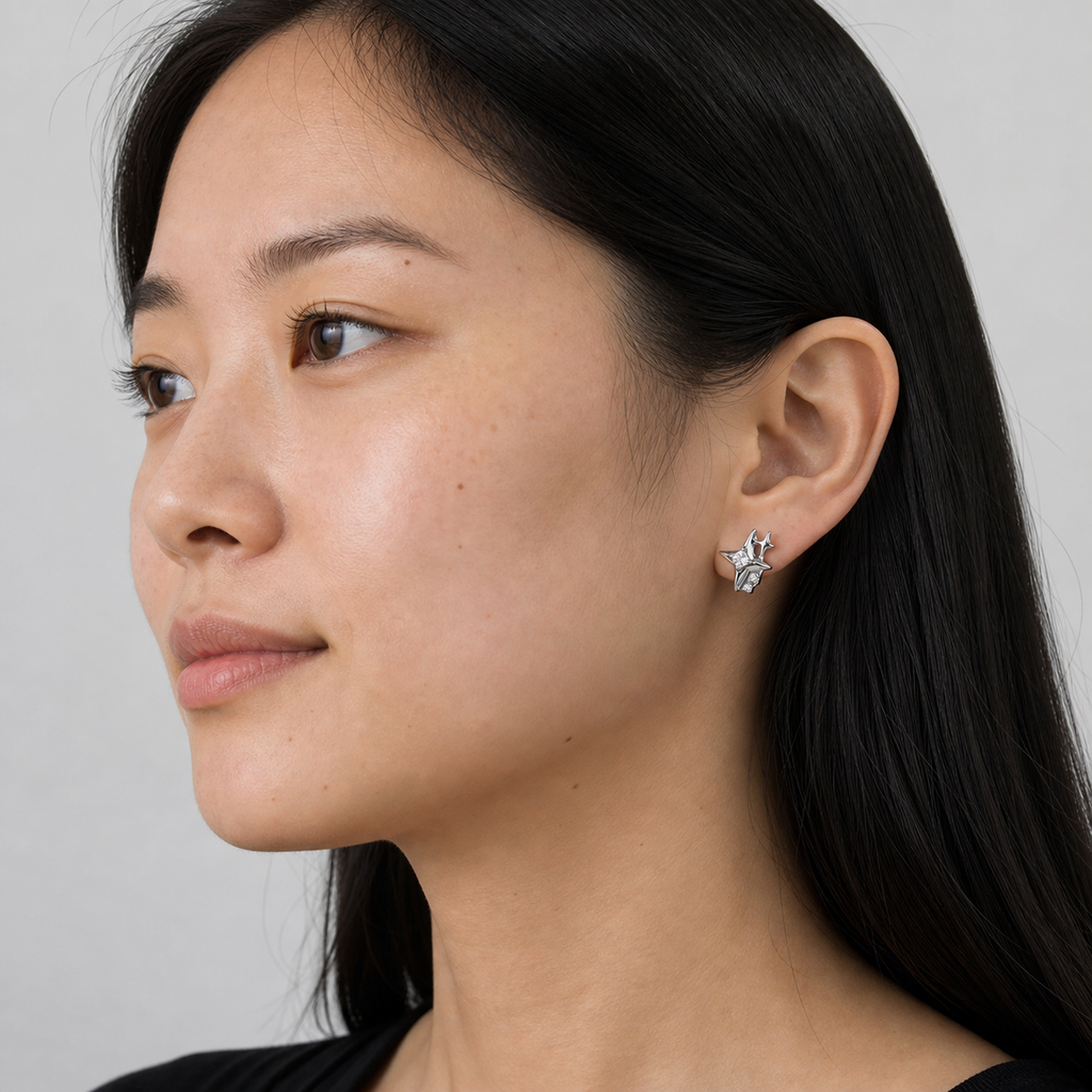 Clear CZ ASTM F136 Titanium Flat Back - Silver, Threadless, 18G, 1.0 x 6+4 mm — wearing view three (P-FB-0084-S01)