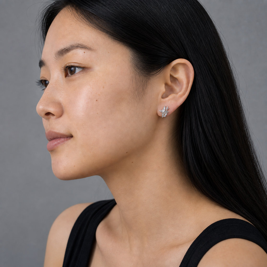 Clear CZ ASTM F136 Titanium Flat Back - Silver, Threadless, 18G, 1.0 x 6+4 mm — wearing view six (P-FB-0084-S01)