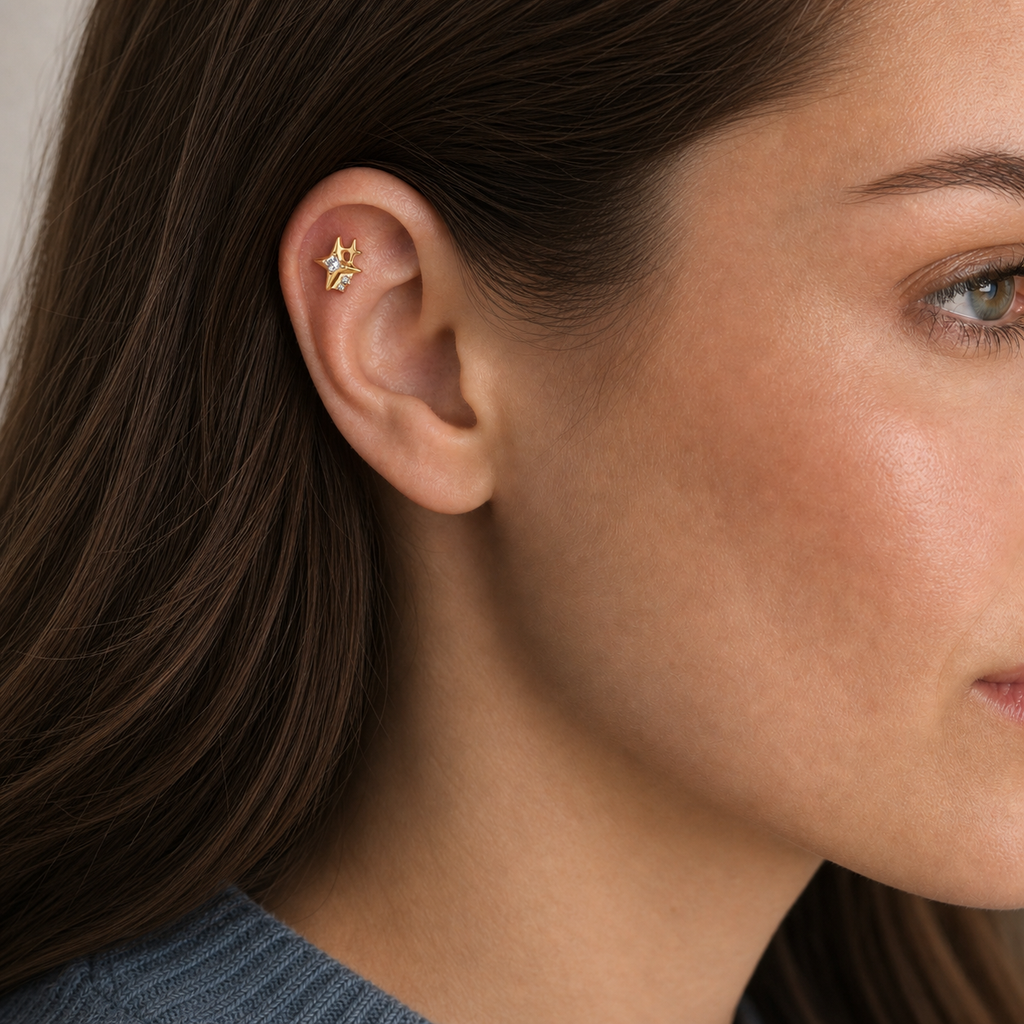 Clear CZ ASTM F136 Titanium Flat Back - Gold, Threadless, 18G, 1.0 x 6+4 mm — wearing view one (P-FB-0085-G01)