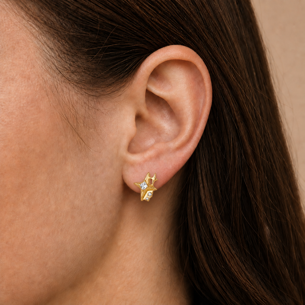 Clear CZ ASTM F136 Titanium Flat Back - Gold, Threadless, 18G, 1.0 x 6+4 mm — wearing view two (P-FB-0085-G01)