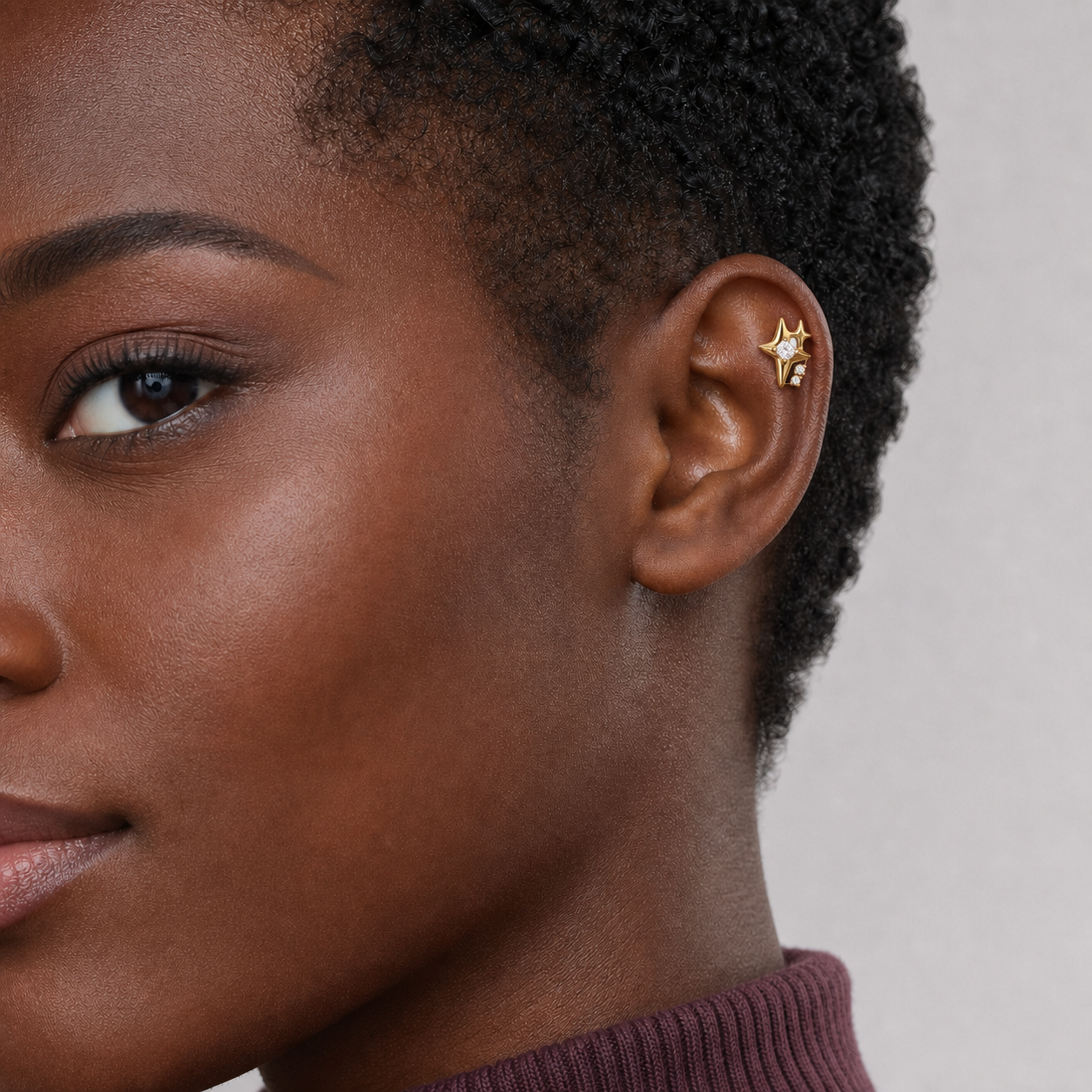 Clear CZ ASTM F136 Titanium Flat Back - Gold, Threadless, 18G, 1.0 x 6+4 mm — wearing view two (P-FB-0085-G01)