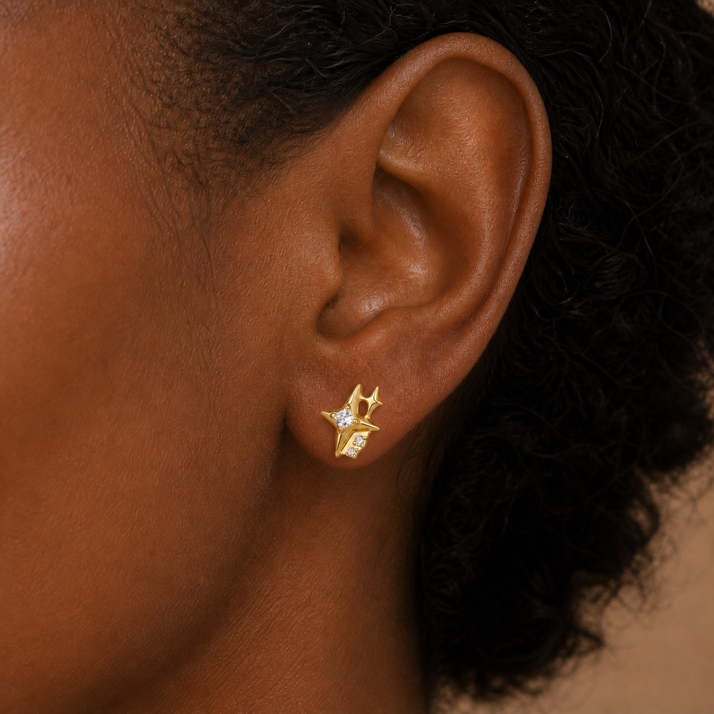 Clear CZ ASTM F136 Titanium Flat Back - Gold, Threadless, 18G, 1.0 x 6+4 mm — wearing view three (P-FB-0085-G01)
