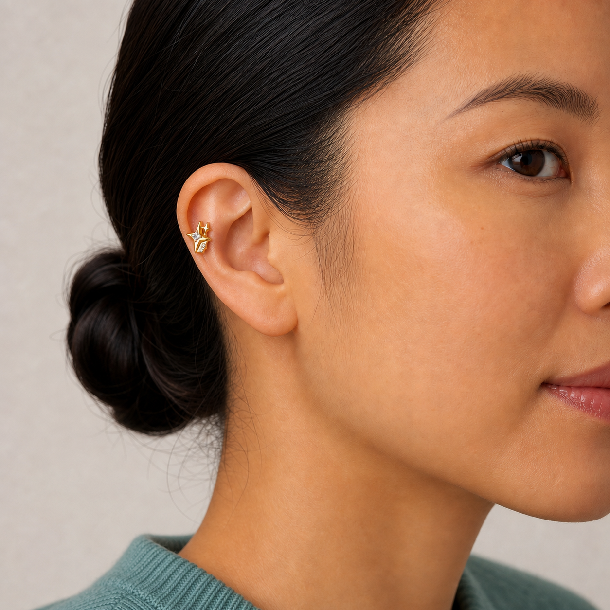 Clear CZ ASTM F136 Titanium Flat Back - Gold, Threadless, 18G, 1.0 x 6+4 mm — wearing view three (P-FB-0085-G01)