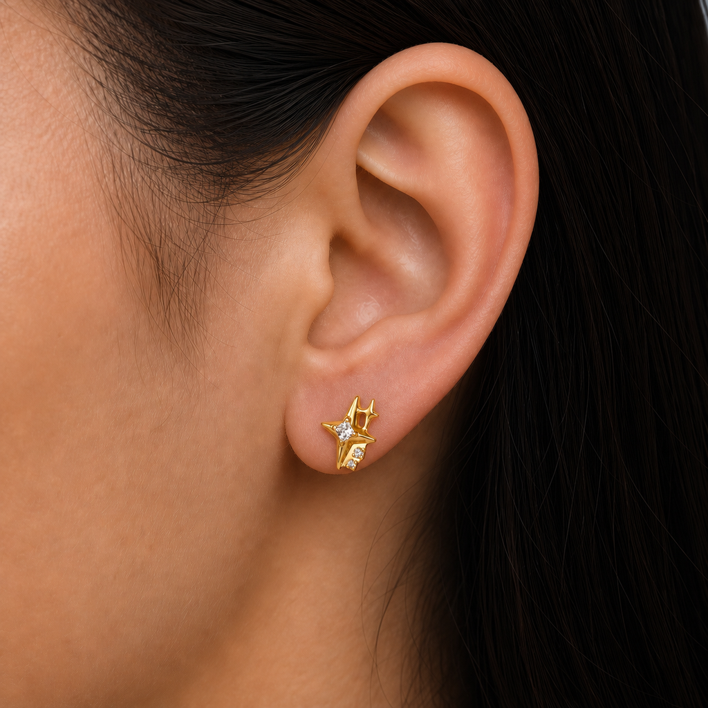 Clear CZ ASTM F136 Titanium Flat Back - Gold, Threadless, 18G, 1.0 x 6+4 mm — wearing view four (P-FB-0085-G01)