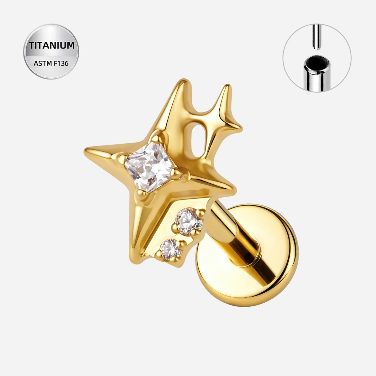Clear CZ ASTM F136 Titanium Flat Back - Gold, Threadless, 18G, 1.0 x 6+4 mm — product detail views (P-FB-0085-G01)