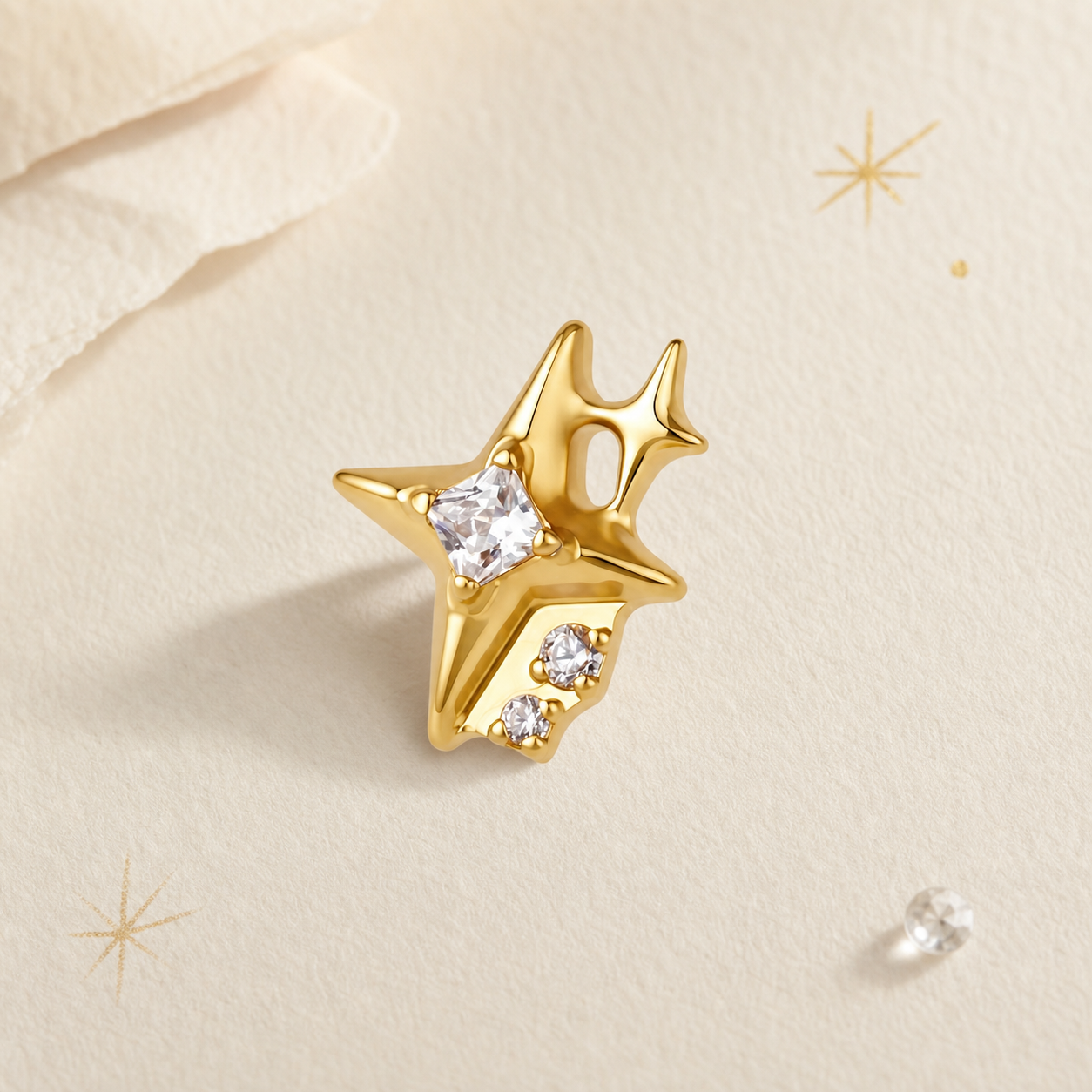 Clear CZ ASTM F136 Titanium Flat Back - Gold, Threadless, 18G, 1.0 x 6+4 mm — styled flat lay (P-FB-0085-G01)