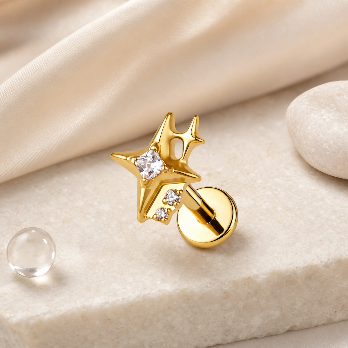 Clear CZ ASTM F136 Titanium Flat Back - Gold, Threadless, 18G, 1.0 x 6+4 mm — styled flat lay (P-FB-0085-G01)