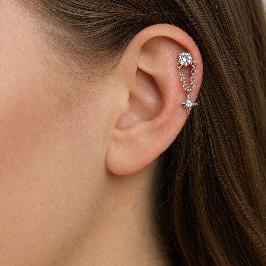 Clear CZ ASTM F136 Titanium Flat Back - Silver, Internally Threaded, 16G, 1.2 x 8+4 mm — wearing view four (P-FB-0086-S01)