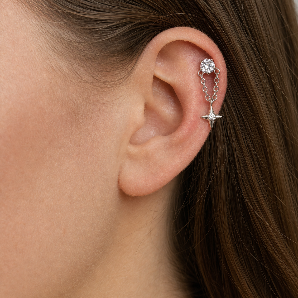 Clear CZ ASTM F136 Titanium Flat Back - Silver, Internally Threaded, 16G, 1.2 x 8+4 mm — wearing view four (P-FB-0086-S01)