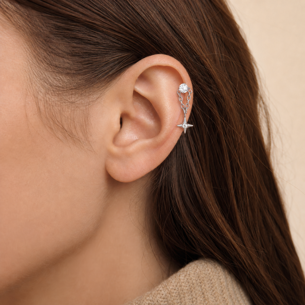 Clear CZ ASTM F136 Titanium Flat Back - Silver, Internally Threaded, 16G, 1.2 x 8+4 mm — wearing view one (P-FB-0086-S01)