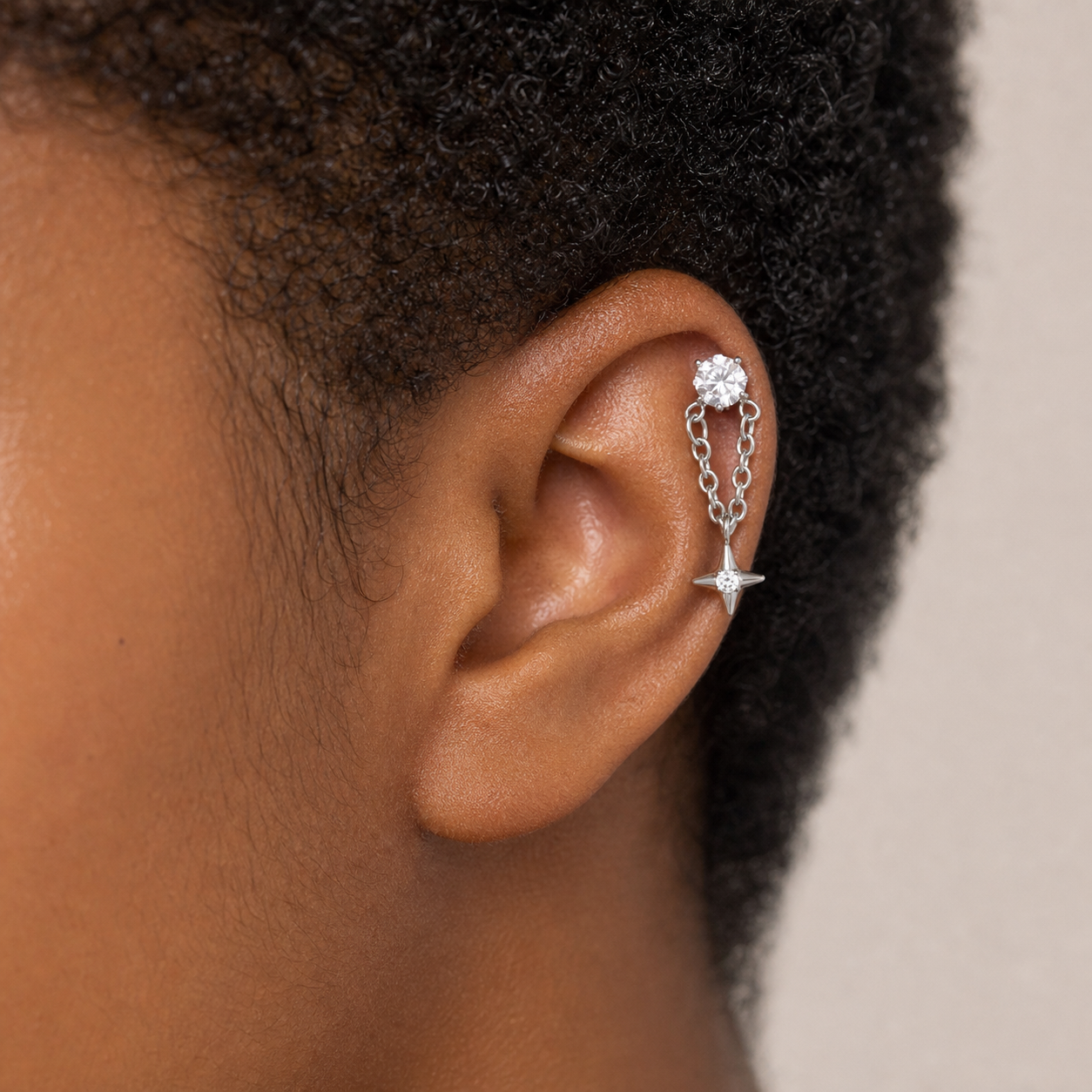 Clear CZ ASTM F136 Titanium Flat Back - Silver, Internally Threaded, 16G, 1.2 x 8+4 mm — wearing view two (P-FB-0086-S01)