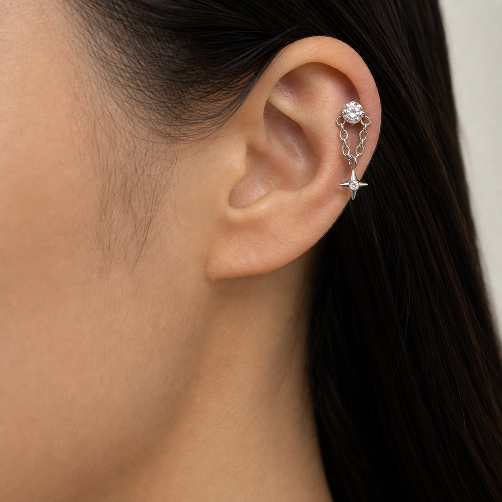 Clear CZ ASTM F136 Titanium Flat Back - Silver, Internally Threaded, 16G, 1.2 x 8+4 mm — wearing view three (P-FB-0086-S01)