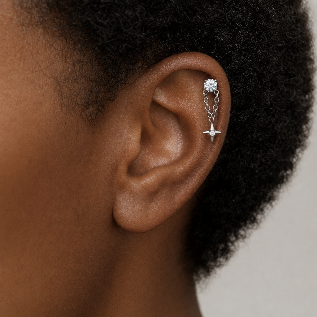 Clear CZ ASTM F136 Titanium Flat Back - Silver, Internally Threaded, 16G, 1.2 x 8+4 mm — wearing view five (P-FB-0086-S01)