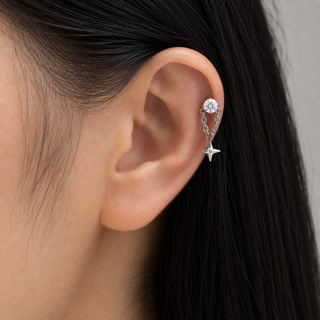 Clear CZ ASTM F136 Titanium Flat Back - Silver, Internally Threaded, 16G, 1.2 x 8+4 mm — wearing view six (P-FB-0086-S01)