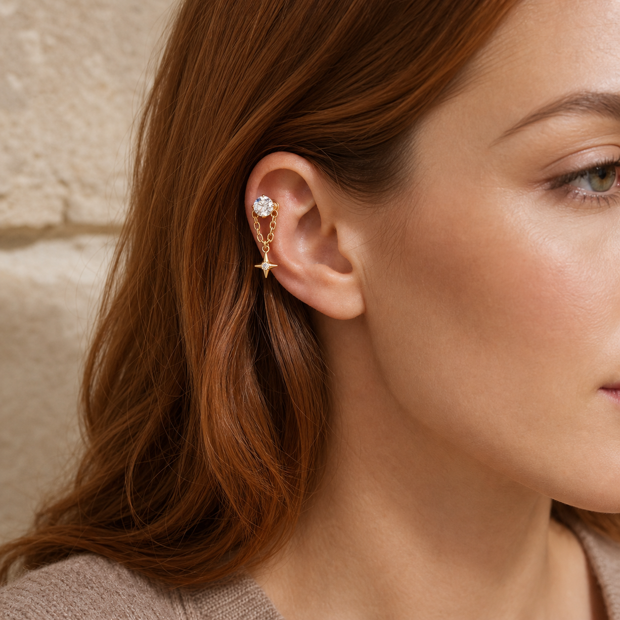 Clear CZ ASTM F136 Titanium Flat Back - Gold, Internally Threaded, 16G, 1.2 x 8+4 mm — wearing view one (P-FB-0087-G01)