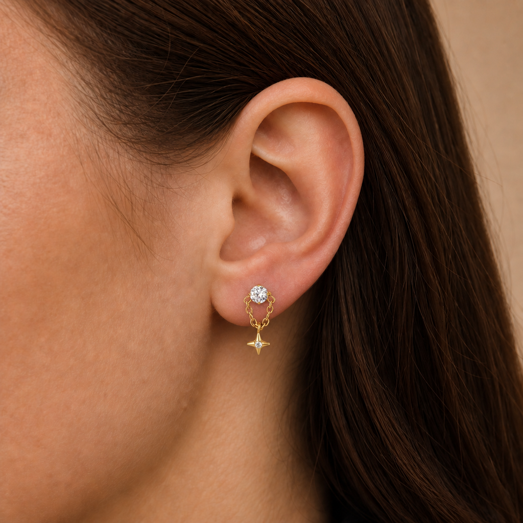 Clear CZ ASTM F136 Titanium Flat Back - Gold, Internally Threaded, 16G, 1.2 x 8+4 mm — wearing view two (P-FB-0087-G01)