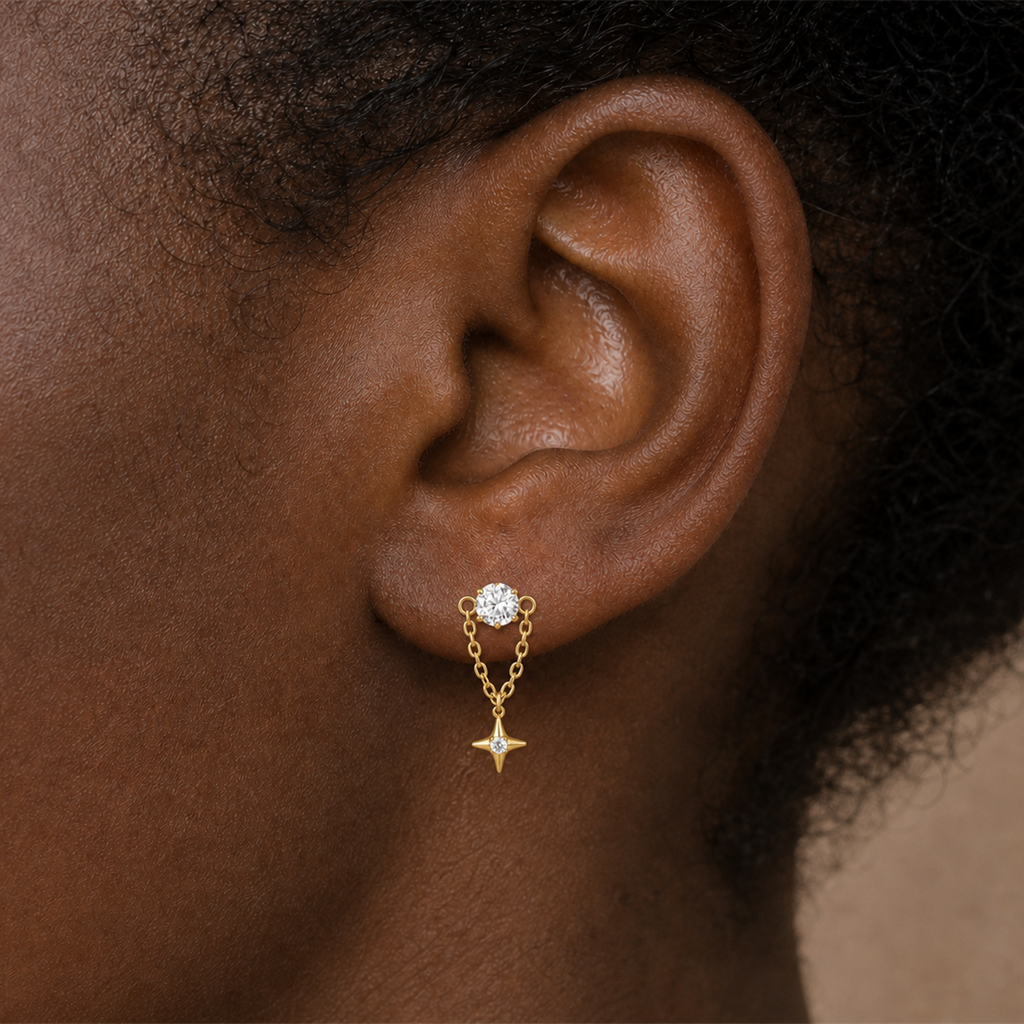 Clear CZ ASTM F136 Titanium Flat Back - Gold, Internally Threaded, 16G, 1.2 x 8+4 mm — wearing view three (P-FB-0087-G01)