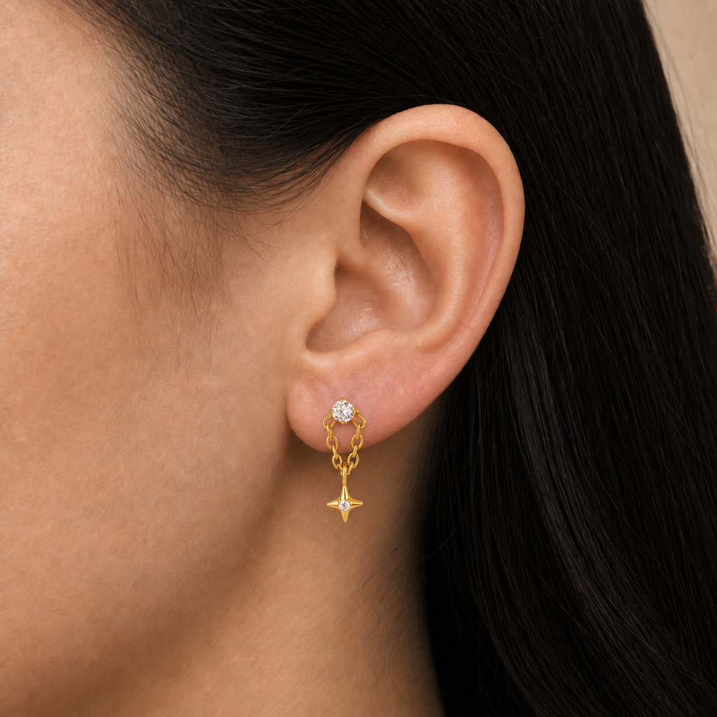 Clear CZ ASTM F136 Titanium Flat Back - Gold, Internally Threaded, 16G, 1.2 x 8+4 mm — wearing view four (P-FB-0087-G01)