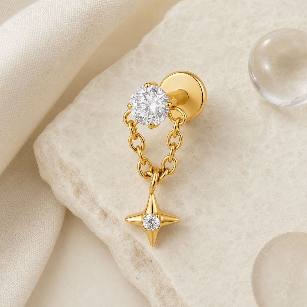 Clear CZ ASTM F136 Titanium Flat Back - Gold, Internally Threaded, 16G, 1.2 x 8+4 mm — styled flat lay (P-FB-0087-G01)