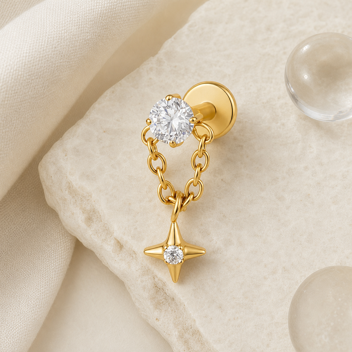 Clear CZ ASTM F136 Titanium Flat Back - Gold, Internally Threaded, 16G, 1.2 x 8+4 mm — styled flat lay (P-FB-0087-G01)